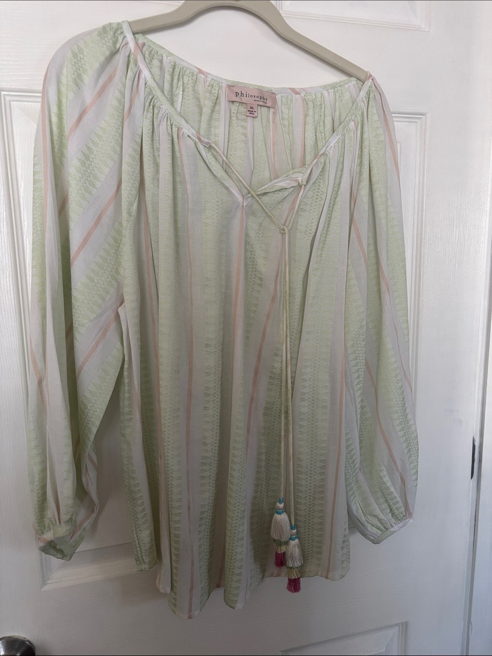 Philosophy Light Green Striped Peasant Tunic with Tassels
